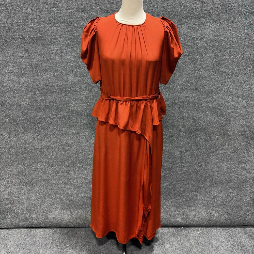 Ulla Johnson Dress Womens 2 Orange Satin Puff Sleeve Ruffle Wrap Maxi Peplum
